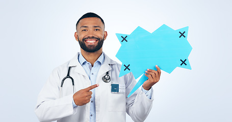 Image showing Doctor, speech bubble and communication mockup, chat poster or healthcare translation, forum and voice in studio. Portrait of african man pointing to medical quote or questions on a white background
