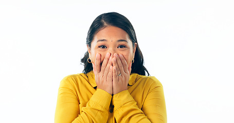 Image showing Wow, news and hands on face of woman excited in studio for feedback, results or review on white background. Omg, portrait and winner with surprise emoji for announcement, lottery or competition prize