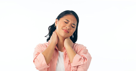 Image showing Neck pain, stress and woman in studio with anxiety, problem or burnout on white background. Anatomy, injury and face of Japanese model with arthritis, fibromyalgia or osteoporosis, crisis or risk