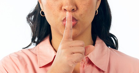 Image showing Finger on lips, zoom and woman with secret in studio with quiet, announcement or news on white background. Gossip, closeup and face of female model with emoji for whisper, confidential or privacy