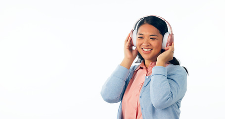 Image showing Headphones, happy or woman in listening to music, playlist or podcast for entertainment. Smile, asian female and relax to stream a song, online radio subscription and technology by white background