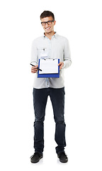 Image showing Clipboard, sign up and portrait of man with document, report or technician with checklist in white background. Studio, technical support and geek smile with pen for signature, logistics or paper