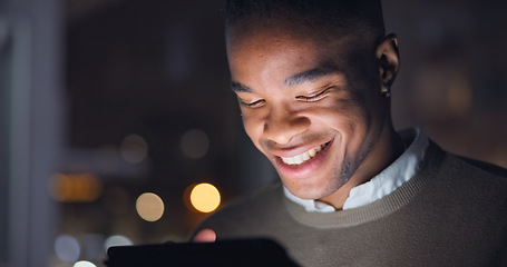 Image showing Businessman, night and reading with smile on digital tech, email with career progress in company. Black man, happy and touchscreen for online project growth, bokeh and feedback on startup expansion