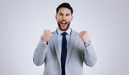 Image showing Happy businessman, portrait and fist pump in celebration, winning or achievement against a gray studio background. Excited man employee in prize, good news or business promotion for success on mockup