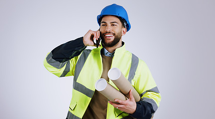 Image showing Engineering, man and phone call of architecture design planning or project management communication in studio. Builder or worker for mobile chat, blueprint and construction advice on white background