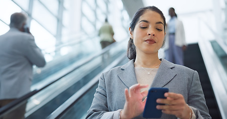 Image showing Business, escalator and travel with woman, cellphone and social media with accountant, employee and convention. Person, consultant or broker with a smartphone, airport and connection with digital app