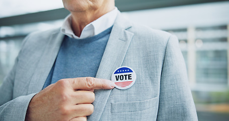 Image showing Man, hand and election vote sticker for president party cast, poll station choice or government selection. Male person, finger point at badge for politics decision support, process or usa opinion