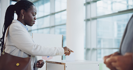 Image showing Ballot, vote and black woman at voting booth for transformation, choice or social change. Politics, government and voter with support, decision or public opinion at a poll station box for election