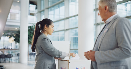 Image showing Vote, ballot and woman at a voting booth for transformation, choice or social change. Politics, government and female voter with support, decision or public opinion at a poll station box for election