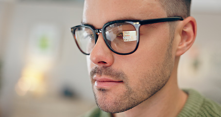 Image showing Glasses, reading screen and face of man online for website, internet and research for remote work. Freelance, working from home and closeup of person on laptop or computer for planning schedule