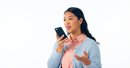 Image showing Woman, communication and phone call with speaker in studio for voice app, sound translation or contact on white background. Asian model, mobile network or microphone for audio, speech or mockup space