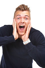 Image showing Excited, man and portrait of winning a surprise, lottery and giveaway bonus in white background or studio. Happy, face or wow emoji with person screaming in shock or celebration of deal announcement