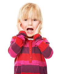 Image showing Scared, child and portrait of girl with surprise, fear or shocked emoji in white background or studio. Scary, face and afraid of announcement, information or screaming in terror in mockup space