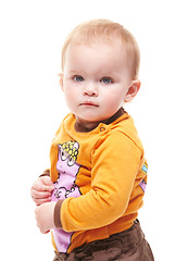 Image showing Young, portrait of child and baby in studio isolated on a white background mockup space. Cute kid, infant and face of adorable blonde toddler and innocent newborn in clothes, healthy and development