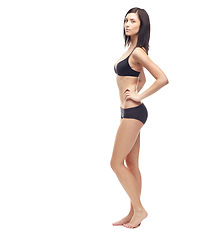 Image showing Woman, portrait and full body in underwear on mockup to lose weight or diet against a white studio background. Young attractive female person or slim model posing in lingerie for health and wellness