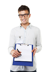 Image showing Happy, man and portrait with checklist to sign for logistics, document or technical support paperwork. Technician, face and smile with clipboard, pen or signature for service in white background