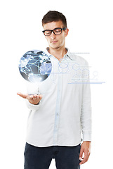 Image showing Portrait, planet or man with globe hologram for development with international connection or internet. Digital world, male person or model with holographic Earth isolated on white studio background