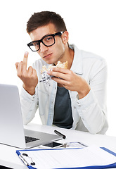 Image showing Portrait of man, eating lunch and middle finger in studio isolated on a white background. Business person, sandwich and hand gesture at desk on laptop with rude sign, conflict expression and emoji