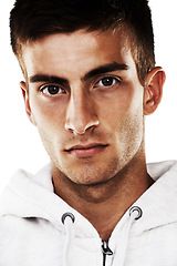 Image showing Portrait, confident and man in hoodie for fashion isolated on a white background. Serious young person, face of student and stylish clothes, casual and cool facial expression in Spain on a backdrop