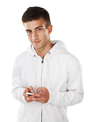 Image showing Phone, studio or portrait of man on social media or online for entertainment blog or texting on tech website. Isolated, white background or person on mobile app to scroll for news post on internet