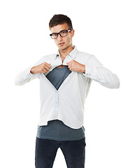 Image showing Man, portrait and opening shirt with glasses getting ready for job or service against a white studio background. Attractive or young male person or model posing in smart casual or fashion on mockup