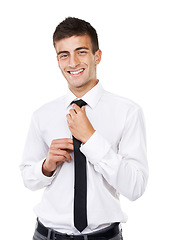 Image showing Happy businessman, portrait and professional tie in confidence against a white studio background. Young man, model or confident employee standing with smile for career ambition or mindset on mockup