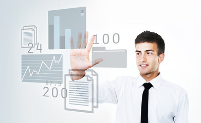 Image showing Hand, screen overlay or businessman for data analytics, financial digital system or stock market. Trading tech, touch or happy professional trader by charts hologram to monitor for graphs statistics