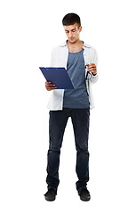 Image showing It, technician and man reading a report, document or checklist for technical support error or glitch. Geek, face and clipboard for services, note or form in studio with glasses on white background