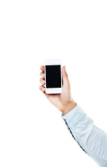 Image showing Person, hand and phone screen for social media in studio with mock up on white background. Male model, corporate and showing mobile app for insurance, offer or promotion with online contact on space