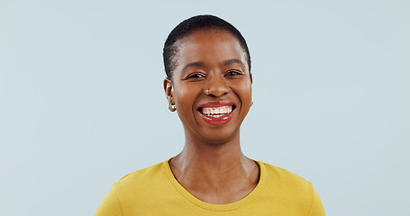 Image showing Happy black woman, portrait and face for career ambition or success isolated against a studio background, African female person or model smile in joy or satisfaction with positive mindset on mockup