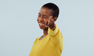 Image showing Woman, portrait and hand pointing you to show winner, opportunity or success choice on a white background. Happy African person with finger to vote for winning and competition or decision in studio