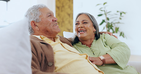 Image showing Senior, couple or laughing on sofa for love, bonding and relationship with joke, comic or happy in living room. Elderly, man or woman on couch with smile for support, care and relax in lounge of home