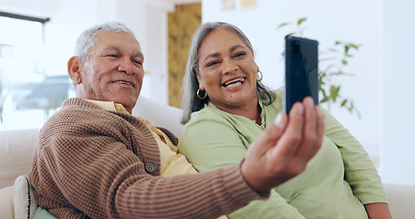 Image showing Selfie, video call and happy senior couple with phone for social media post, memory and picture. Retirement, marriage and elderly man and woman on cellphone for connection, chat and conversation