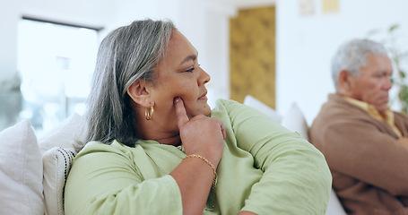 Image showing Home, anxiety and old couple with divorce, argument and retirement with toxic relationship, bad marriage and conflict. Apartment, elderly woman or senior man on a couch, problems or drama with stress