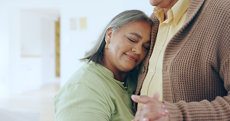 Image showing Home, celebration or old couple with love, dancing and happiness with peace, retirement or romance. Elderly woman, senior man or holding hands with marriage, relationship or anniversary with support