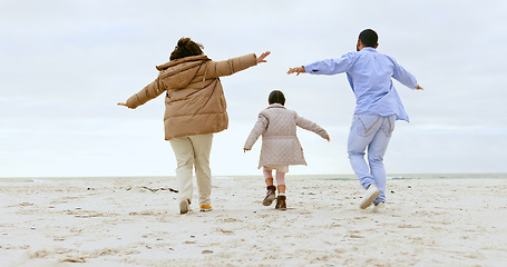 Image showing Happy family, airplane game and beach in nature or support love, relax and calm holiday. Young man, woman and child with playing for care, marriage and vacation in rio de janeiro for health wellness