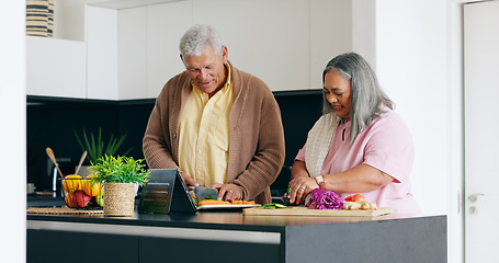 Image showing Elderly, couple and cooking in kitchen with smile for dinner, lunch or vegetables with support, help and love. Senior, man and woman with happiness, peace and nutrition for bonding or relationship