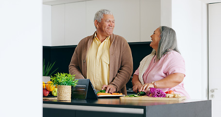 Image showing Senior, couple and cooking in kitchen with smile for dinner, lunch or vegetables with support, help and love. Elderly, man and woman with happiness, peace and nutrition for bonding or relationship