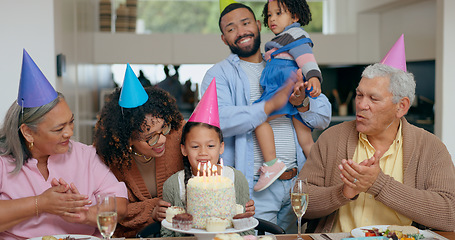 Image showing Birthday cake, children and family with grandparents for celebration, party and singing, clapping and love. Happy interracial people, mother and father or kids make wish with holiday candles at home