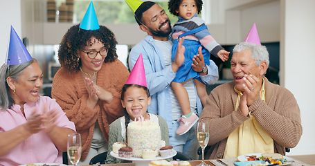 Image showing Birthday cake, kids and family with grandparents for celebration, party and singing or clapping with love. Happy interracial mother, father and girl for congratulations or holiday dessert at home