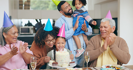 Image showing Birthday party, cake and family, children and grandparents with celebration, singing and clapping or applause for love. Happy interracial mom, dad and girl for congratulations and dessert at home