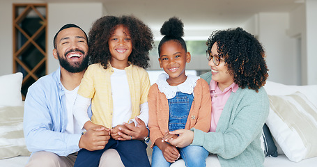 Image showing Happy family in portrait with kids on sofa in home, bonding together for love or memory. Mother, father and girl children on couch in living room with trust, support or smile, relax with mom and dad