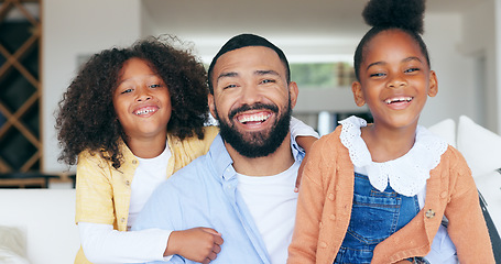 Image showing Happy family, portrait of dad and kids in home, bonding together for love and memory on sofa. Support, trust and face of father with girl children in living room with smile, relax with man in house.