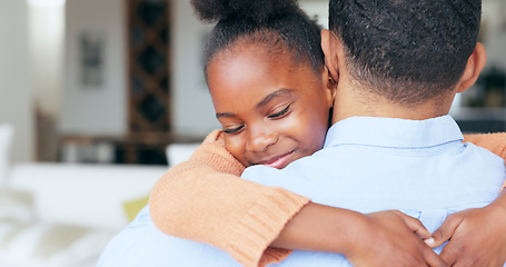 Image showing Girl, father and hug in closeup, back and family home with welcome, reunion and smile with love in living room. African daughter, dad and embrace with care, happy and bonding in lounge at apartment