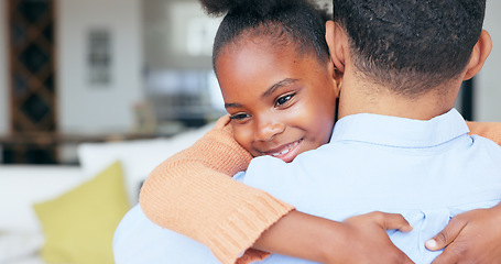 Image showing Girl, dad and hug in closeup, back and family home with welcome, reunion and smile with love in living room. African daughter, father and embrace with care, happy and bonding in lounge at apartment