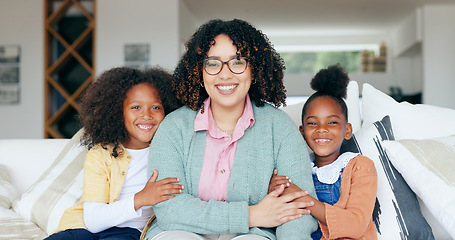 Image showing Happy family, portrait of mom and kids in home, bonding together for love or memory on sofa. Support, trust and face of woman with girl children in living room with smile, relax with mother in house.