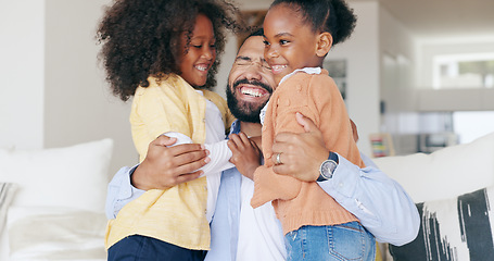 Image showing Happy family, dad and kids in home, hug and bonding together for love or memory on sofa. Support, trust and face of man with children in living room with smile, relax playing with father in house.