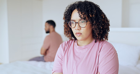 Image showing Divorce, fight and couple on a bed angry, stress or frustrated, ignore or overthinking in their home. Conflict, marriage and sad people in a bedroom with cheating crisis, dispute or commitment doubt