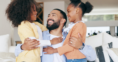 Image showing Happy family, father and kids in home, hug and bonding together for love or memory on sofa. Support, trust and face of man with children in living room with smile, relax playing with dad in house.