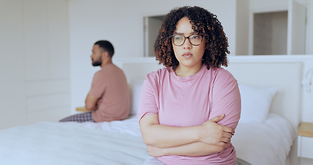 Image showing Ignore, stress and divorce with couple on a bed, frustrated and conflict with anger, cheating and infidelity. Bedroom, man or woman with separation, anxiety or fighting with depression, home or toxic